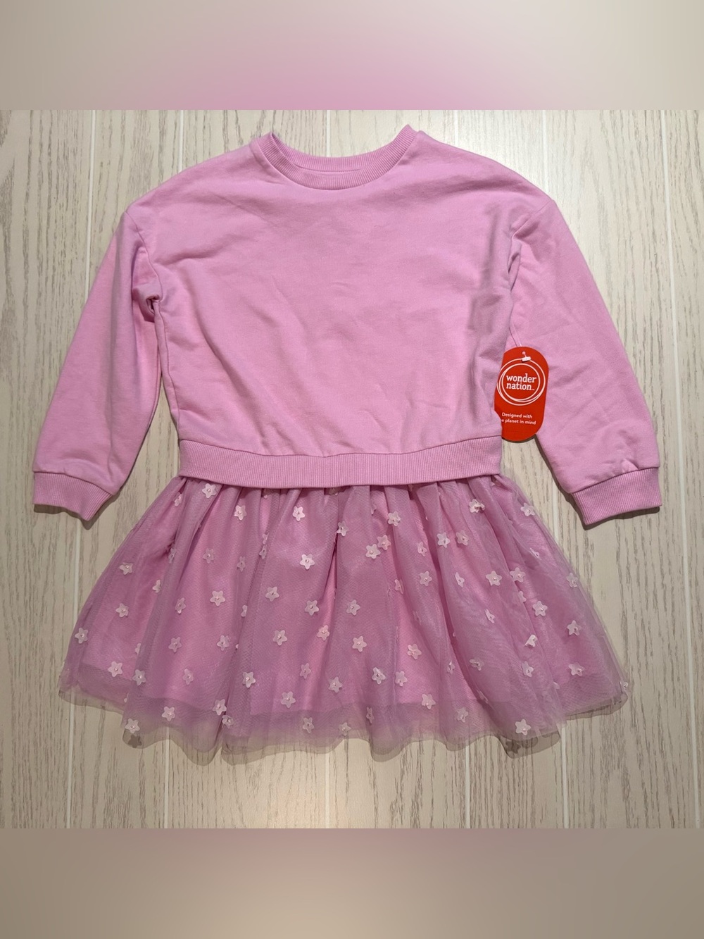 Wonder Nation Girls 6 Pink Tulle Dress Floral Long Sleeve Party NWT